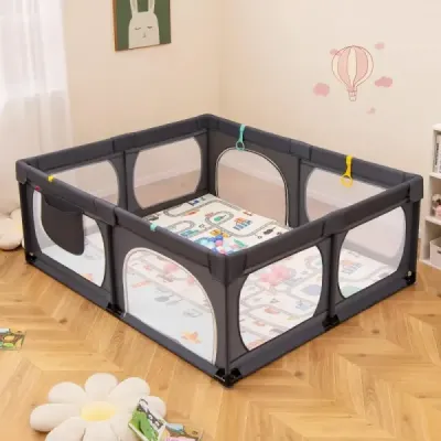 Detská ohrádka s matracom a 50 hracími loptičkami a 4 sťahovacími krúžkami a 4 dvierkami na zips tmavošedá