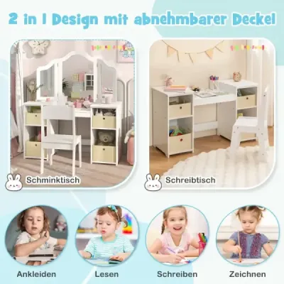 Detský toaletný stolík 2 v 1 s odnímateľným zrkadlom a úložnými boxami Toaletný stolík Biely