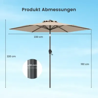 Slnečník 230 cm záhradný slnečník s kľukou, obojstranne sklopný o 35°, terasový slnečník so 6 rebrami, svetlohnedý Slnečník 230 cm záhradný slnečník s kľukou, obojstranne sklopný o 35°, terasový slnečník so 6 rebrami, svetlohnedý
