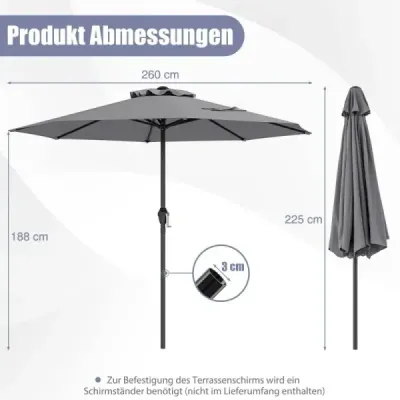 Slnečník 250 cm záhradný slnečník s kľukou terasový slnečník s 8 rebrami sivý