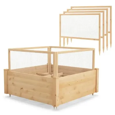 Vyvýšený záhon s ohrádkou Drevený box na sadenie so štvorstrannou ochrannou ohrádkou a roštom na rastliny 107 x 107 x 70 cm
