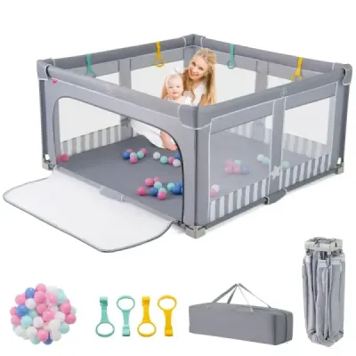 Detská ohrádka 150 x 150 cm skladacia detská ohrádka s 50 loptičkami 4 rúčky a brána na zips svetlo šedá