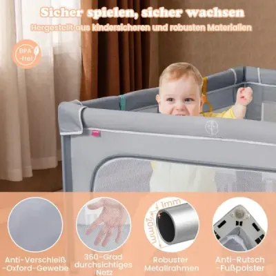Detská ohrádka 150 x 150 cm skladacia detská ohrádka s 50 loptičkami 4 rúčky a brána na zips svetlo šedá