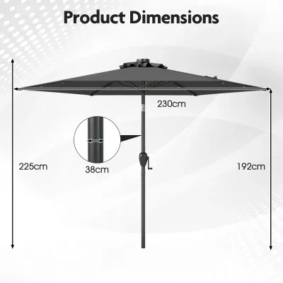 230 cm slnečník s LED solárnym osvetlením a kľukou záhradný dáždnik market slnečník sivý