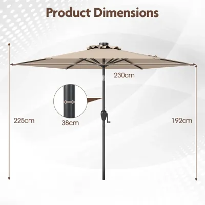 230 cm slnečník s LED solárnym osvetlením a kľukou záhradný slnečník market slnečník svetlo hnedý