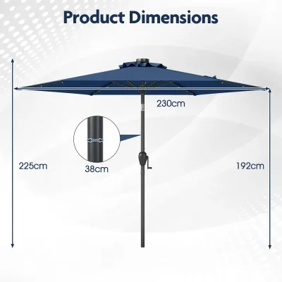 230 cm slnečník s LED solárnym osvetlením a kľukou záhradný dáždnik market dáždnik námornícka modrá
