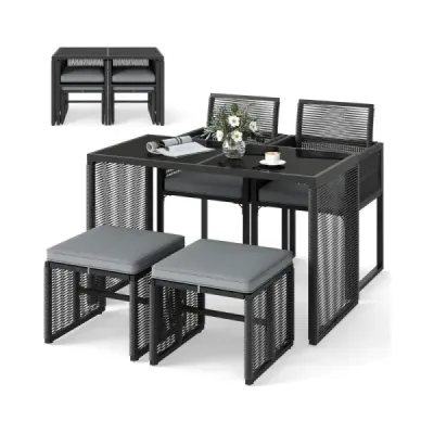 5-dielna súprava ratanového záhradného nábytku vrátane 2 stoličiek s vankúšmi a stoličky a stola Priestorovo úsporná záhradná súprava