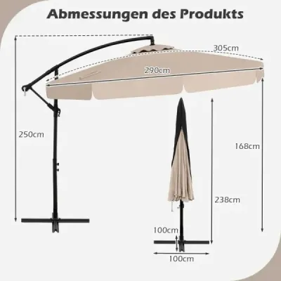 Slnečník 300 cm vrátane ochranného krytu Konzolový slnečník s kľukou a volánom Béžová