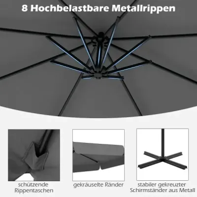 Slnečník 300 cm vrátane ochranného krytu Dopravný svetelný slnečník s kľukou a volánom sivý