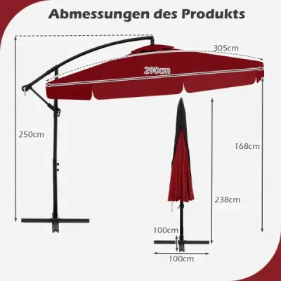 Slnečník 300 cm vrátane ochranného krytu Dopravný svetelný slnečník s kľukou a volánom červený
