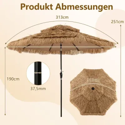 Slnečník Hawaii 300 cm slamený slnečník s LED solárnym osvetlením a dvojitou strieškou nature+black