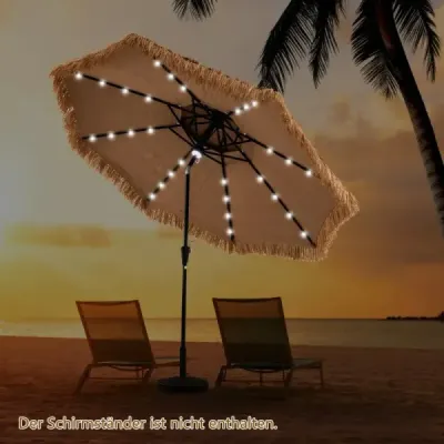 Slnečník Hawaii 300 cm slamený slnečník s LED solárnym osvetlením a dvojitou strieškou nature+black