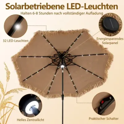 Slnečník Hawaii 300 cm slamený slnečník s LED solárnym osvetlením a dvojitou strieškou nature+black