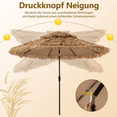 Slnečník Hawaii 300 cm slamený slnečník s LED solárnym osvetlením a dvojitou strieškou nature+black