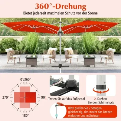 Terasový slnečník s krížovou základňou a 360° rotáciou pre záhradu a bazén 300 x 300 x 261 cm bordová