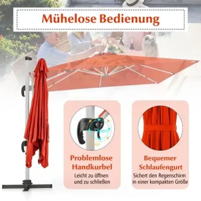 Terasový slnečník s krížovou základňou a 360° rotáciou pre záhradu a bazén 300 x 300 x 261 cm bordová