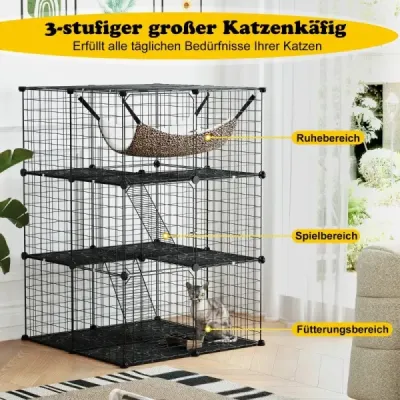 Klietka pre mačky 3-poschodový veľký výbeh pre mačky s hojdacou sieťou 2 rebríky 3 dvere a strešné okno 74 x 74 x 107 cm