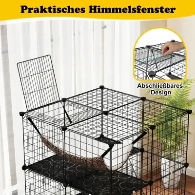 Klietka pre mačky 3-poschodový veľký výbeh pre mačky s hojdacou sieťou 2 rebríky 3 dvere a strešné okno 74 x 74 x 107 cm