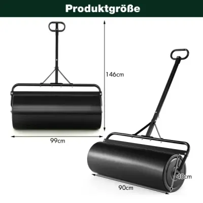 Kovový valec na trávnik 113 L Ručný valec s rukoväťou Záhradný valec Ø 40 cm plniteľný vodou/pieskom Čierny