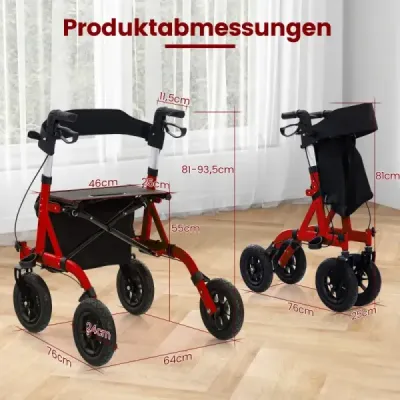 Skladací a ľahký rolátor so sedadlom z hliníka do 160 kg 2 v 1 invalidný vozík a cestovný rolátor červený