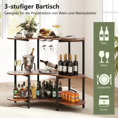 3-stupňový kuchynský barový stôl s držiakom skla a kovovým rámom Domáci bar Kuchynský pult Minibar Hnedý