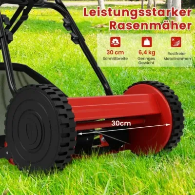 Ručne vedená kosačka na trávu so šírkou záberu 30 cm 18,5 l zberný kôš červená