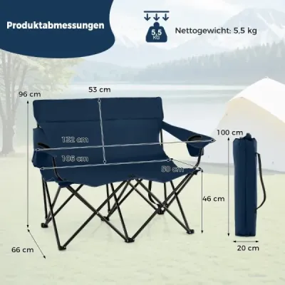 Kempingová stolička pre 2 osoby Skladacia stolička s držiakmi na poháre a podrúčkami a taškou na prenášanie Modrá