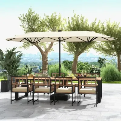 400 x 200 cm dvojitý slnečník so stojanom a LED svetlami a kľukou Záhradný slnečník UPF 50+ Béžová