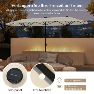 400 x 200 cm dvojitý slnečník so stojanom a LED svetlami a kľukou Záhradný slnečník UPF 50+ Béžová