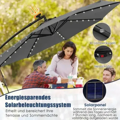 Slnečník 300 cm konzolový slnečník so 40 solárnymi LED svetlami a kľučkou Sivá