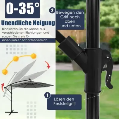 Slnečník 300 cm konzolový slnečník so 40 solárnymi LED svetlami a kľučkou Sivá