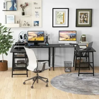Schreibtisch L-Form Eckschreibtisch mit Steckdosen & USB-Anschlüssen 120 x 120 x 75 cm Schwarz