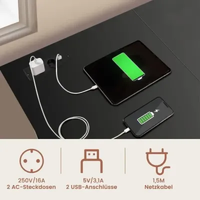 Schreibtisch L-Form Eckschreibtisch mit Steckdosen & USB-Anschlüssen 120 x 120 x 75 cm Schwarz