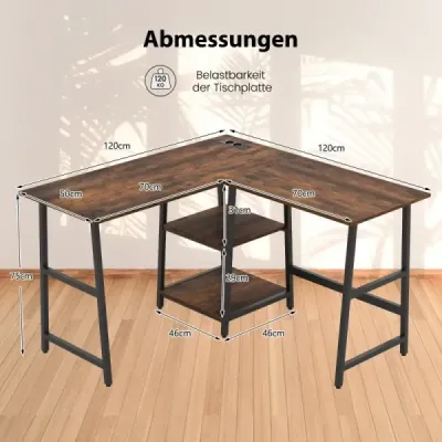 Schreibtisch L-Form Eckschreibtisch mit Steckdosen & USB-Anschlüssen 120 x 120 x 75 cm Rustikalbraun