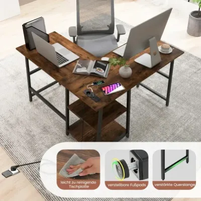 Schreibtisch L-Form Eckschreibtisch mit Steckdosen & USB-Anschlüssen 120 x 120 x 75 cm Rustikalbraun