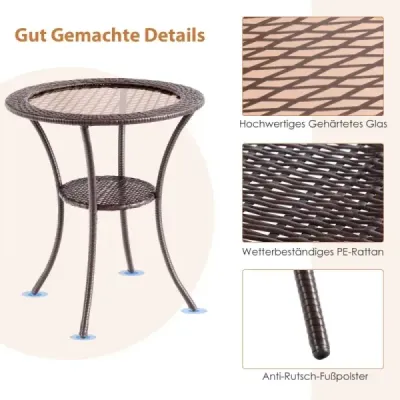 Ratanový záhradný stôl so sklenenou doskou a policou Okrúhly bistro stôl Stôl na terasu Balkónový stôl Ratanový záhradný stôl so sklenenou doskou a policou Okrúhly bistro stôl Stôl na terasu Balkónový stôl