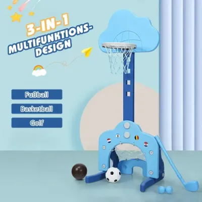 Detské ihrisko 3 v 1 s výškovo nastaviteľným basketbalovým košom a futbalovou bránkou a golfovou modrou Detské ihrisko 3 v 1 s výškovo nastaviteľným basketbalovým košom a futbalovou bránkou a golfovou modrou