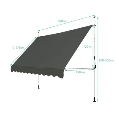 Markíza Svorka markízy Ochrana proti slnku Odolná proti UV žiareniu Výškovo nastaviteľná Vodoodpudivá 300 x 120 cm Sivá