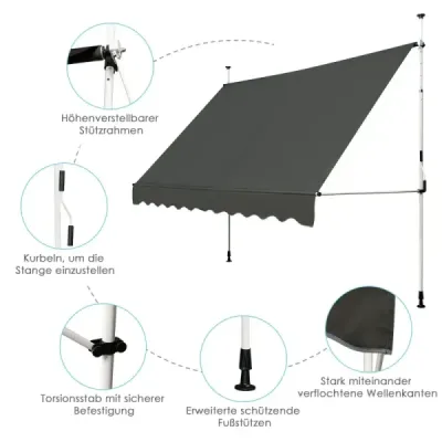 Markíza Svorka markízy Ochrana proti slnku Odolná proti UV žiareniu Výškovo nastaviteľná Vodoodpudivá 300 x 120 cm Sivá