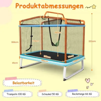 3 v 1 detská obdĺžniková trampolína 190 x 124 cm trampolína na voľný čas so sieťou modrá + oranžová
