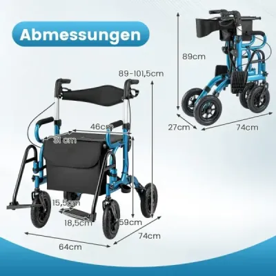 Rollator s pneumatikami skladací a ľahký so sedadlom 2 v 1 invalidný vozík a cestovný rollator Modrá