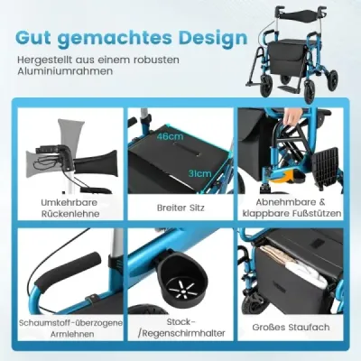 Rollator s pneumatikami skladací a ľahký so sedadlom 2 v 1 invalidný vozík a cestovný rollator Modrá