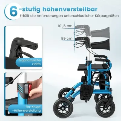 Rollator s pneumatikami skladací a ľahký so sedadlom 2 v 1 invalidný vozík a cestovný rollator Modrá