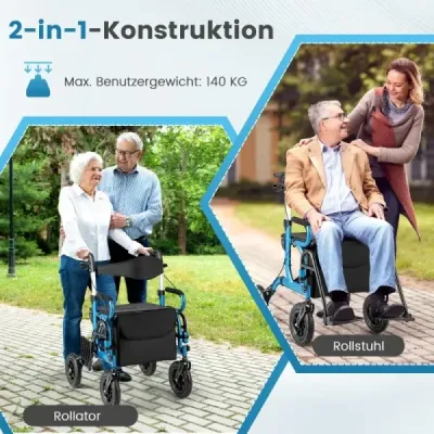 Rollator s pneumatikami skladací a ľahký so sedadlom 2 v 1 invalidný vozík a cestovný rollator Modrá