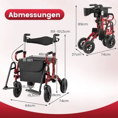 Rollator s pneumatikami skladací a ľahký so sedadlom 2 v 1 invalidný vozík a cestovný rollator červený