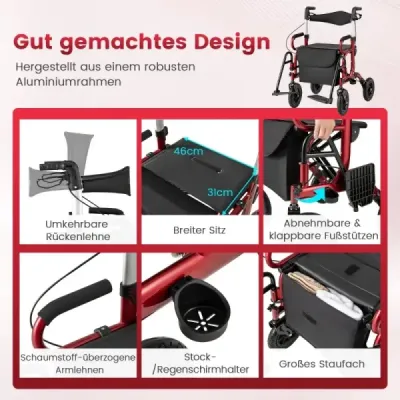 Rollator s pneumatikami skladací a ľahký so sedadlom 2 v 1 invalidný vozík a cestovný rollator červený