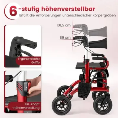 Rollator s pneumatikami skladací a ľahký so sedadlom 2 v 1 invalidný vozík a cestovný rollator červený