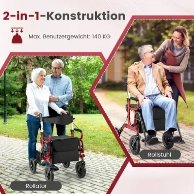 Rollator s pneumatikami skladací a ľahký so sedadlom 2 v 1 invalidný vozík a cestovný rollator červený