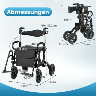 Rollator s pneumatikami skladací a ľahký so sedadlom 2 v 1 invalidný vozík a cestovný rollator čierny