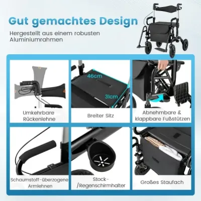 Rollator s pneumatikami skladací a ľahký so sedadlom 2 v 1 invalidný vozík a cestovný rollator čierny